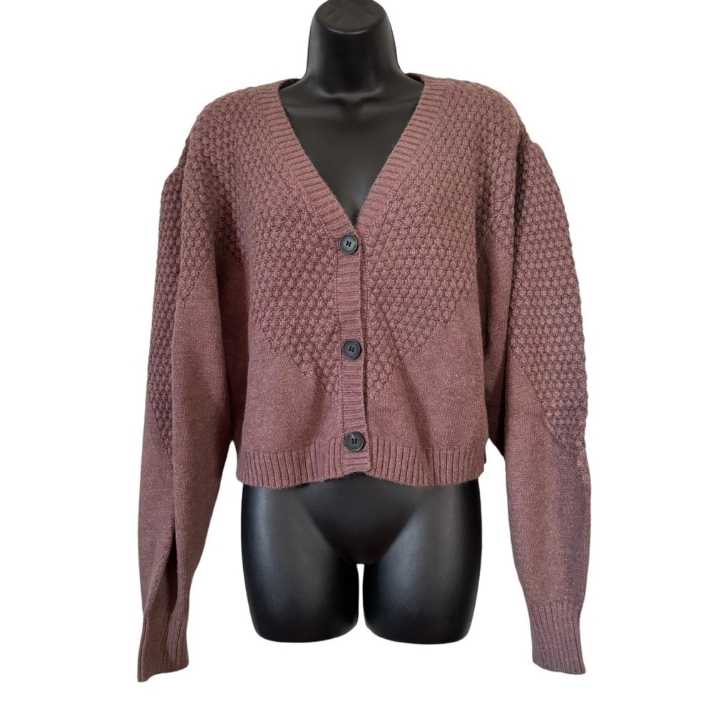 EUC White Birch cropped cardigan, bubble sleeves, knit, hot chocolate, size XL